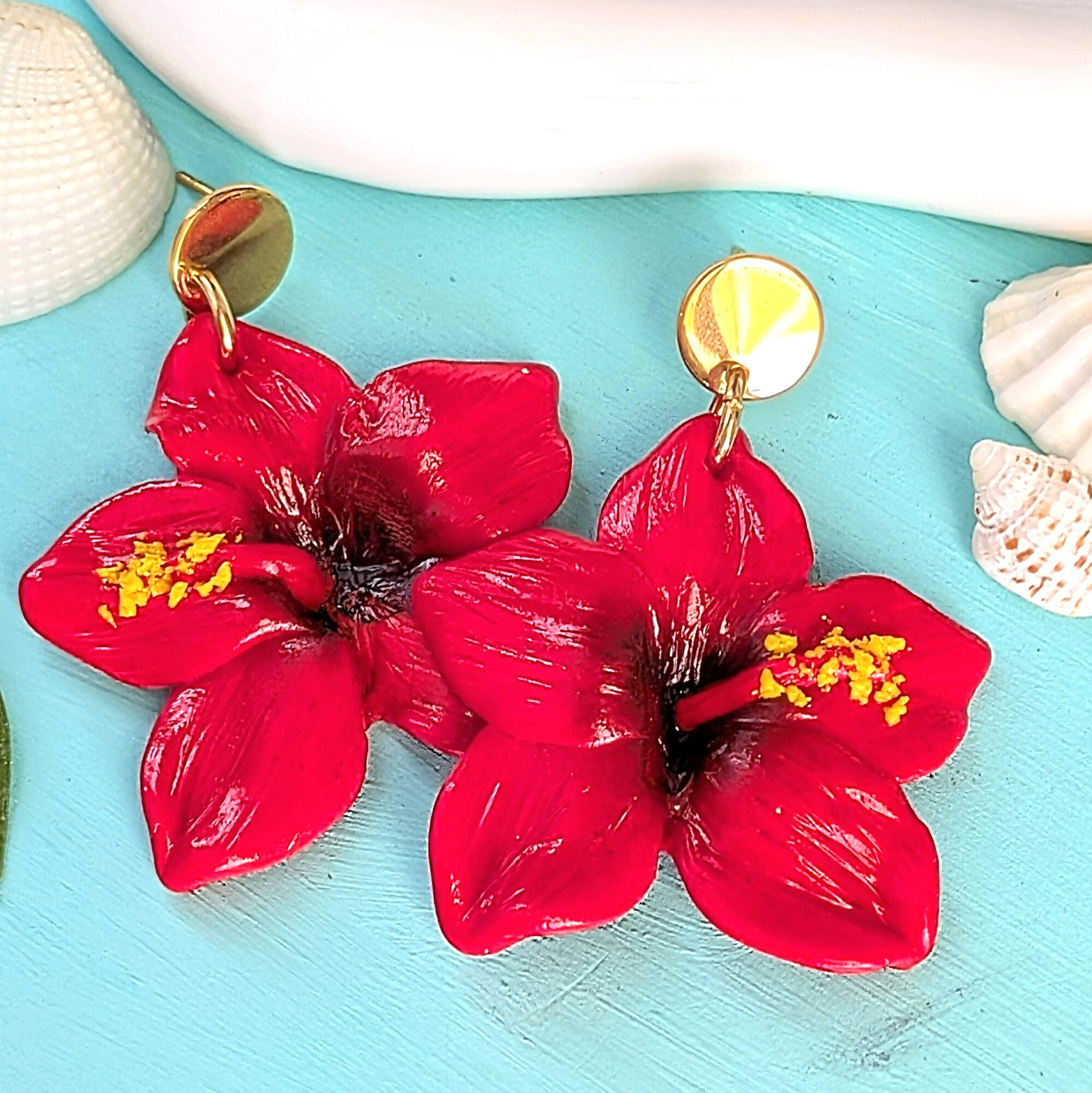 Puerto Rico Mini Red Hibiscus Flower Earrings - Image 4