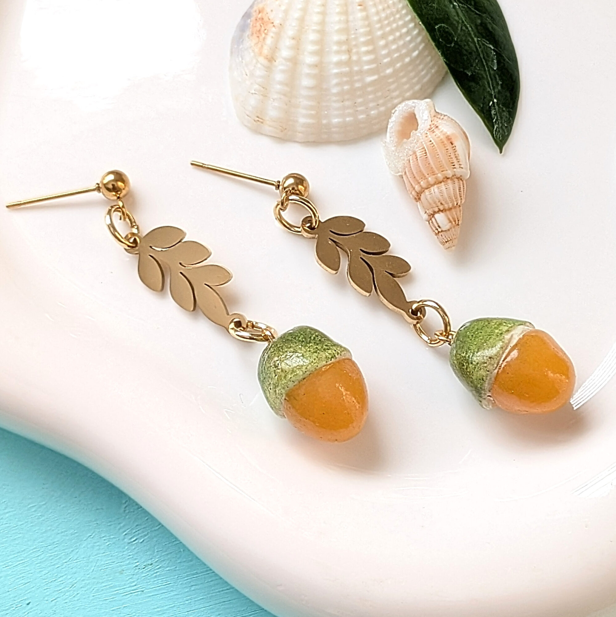 Quenepa Fruit Golden Leaf Earrings - Image 3