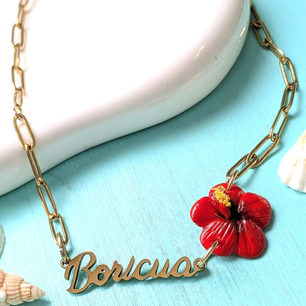 Boricua Rolo Chain Necklace with Flor de Maga Flower