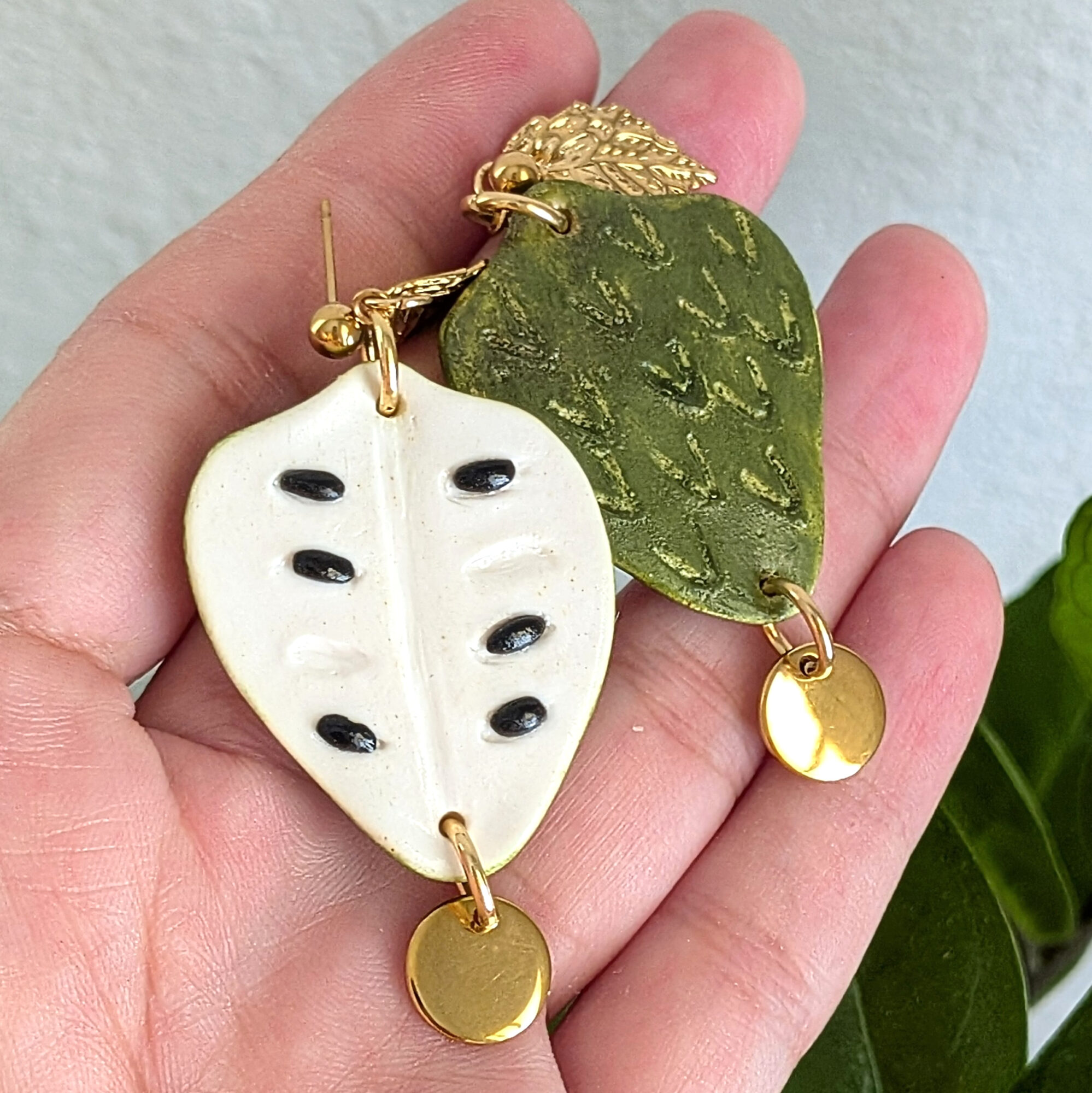 Double Sided Guanabana Fruit Earrings With Leaf and Pendant - Image 4