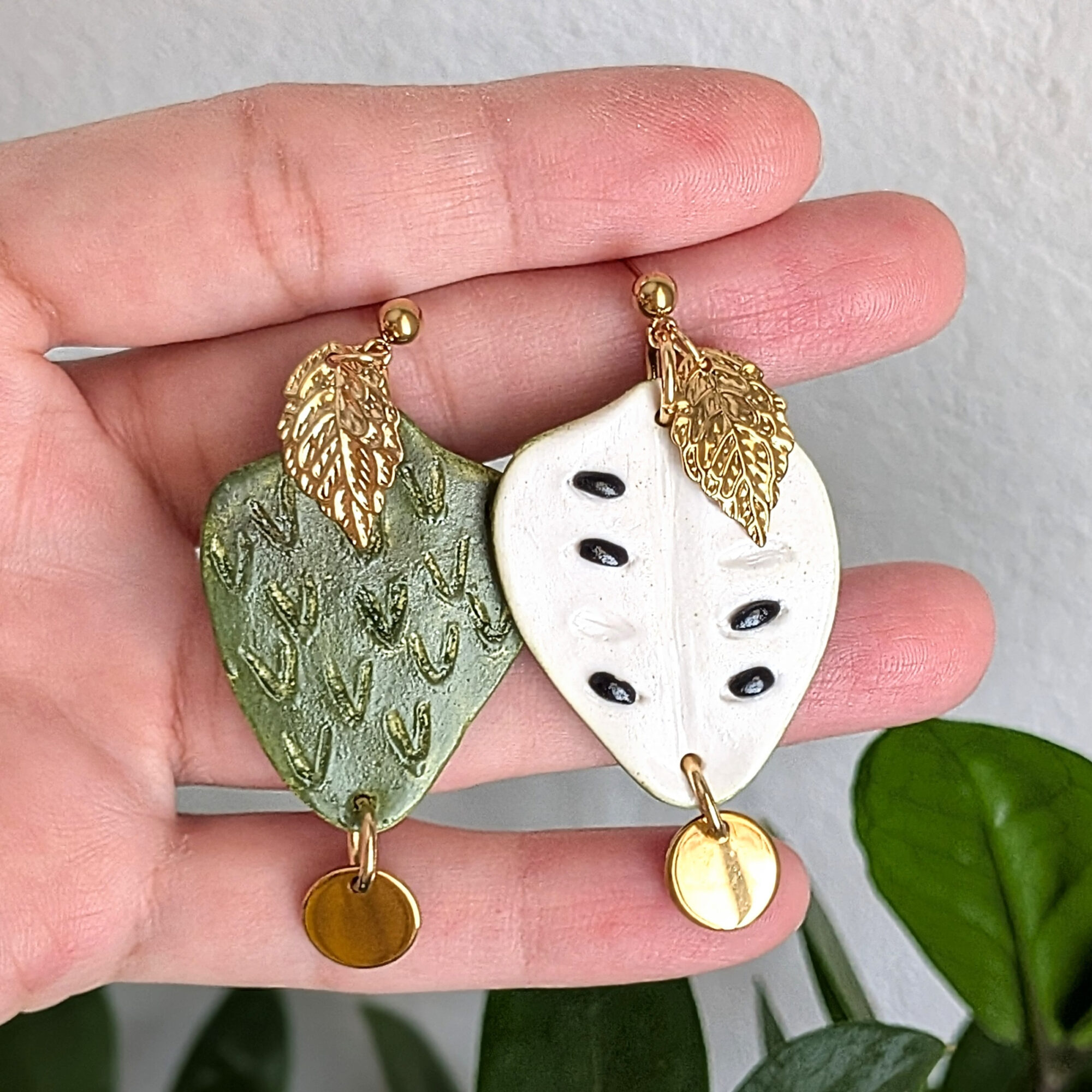 Double Sided Guanabana Fruit Earrings With Leaf and Pendant - Image 3